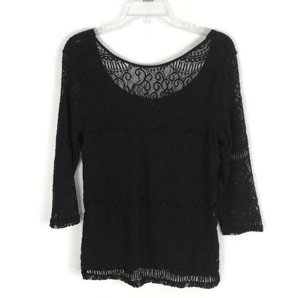 Andrianna Papell Womens Shirt Size Medium M Black Lace 3/4 Sleeve Blouse NEW - Picture 2 of 8